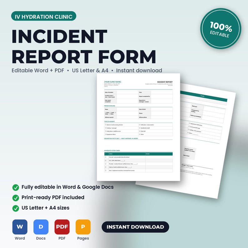 Puede incluir: Una plantilla de formulario de informe de incidentes para cl&iacute;nica de hidrataci&oacute;n IV con un dise&ntilde;o profesional que incluye secciones para detalles del incidente, informaci&oacute;n del paciente y acciones de seguimiento, en formato A4 totalmente editable.