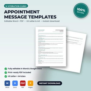 May include: A digital document set titled IV Hydration Clinic Appointment Message Templates. The white pages feature black text with various communication templates for client scheduling, follow-ups, and reminders, available in US Letter and A4 sizes.
