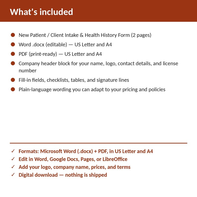 Home Health Agency New Patient / Client Intake & Health History Form | Editable Word + PDF | US Letter + A4 | Instant Download image 2