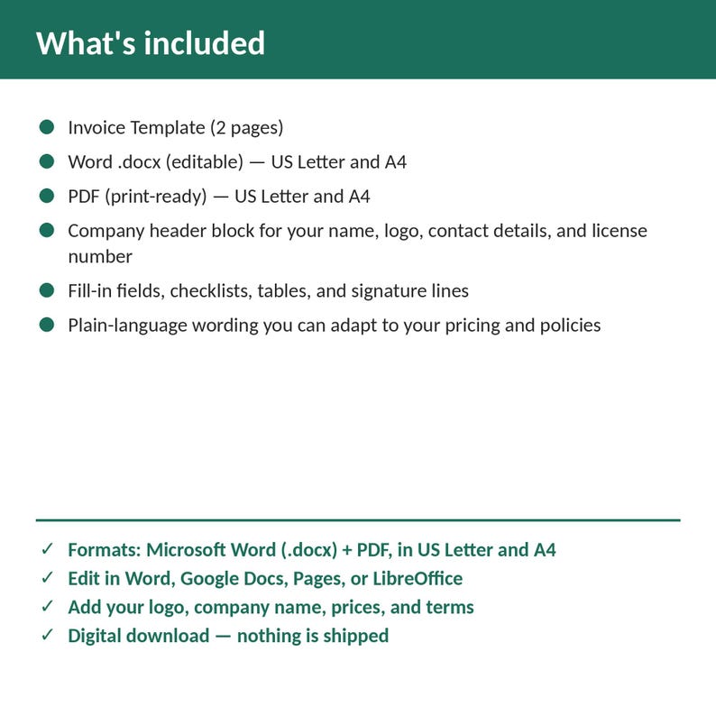 May include: A digital invoice template document featuring a dark green header with the text What's included. The list details a two-page invoice template, Word .docx and PDF formats in US Letter and A4 sizes, company header blocks, and fill-in fields.