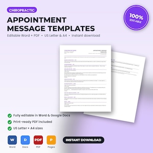 Könnte beinhalten: Chiropraktik-Terminvorlagen als Dokument mit bearbeitbarem Text in Word- und PDF-Formaten. Die Seite enthält Überschriften und strukturierten Text für die Patientenkommunikation, einschließlich Terminerinnerungen und Nachfassnachrichten auf weißem Papier.