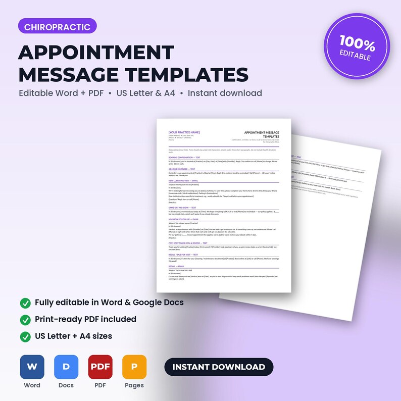 May include: Chiropractic appointment message templates document with editable text in Word and PDF formats. The page features headers and structured text for patient communication, including appointment reminders and follow-up messages on white paper.
