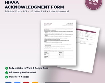 Med Spa HIPAA Notice of Privacy Practices Acknowledgment & Communication Consent | Editable Word + PDF | US Letter + A4 | Instant Download