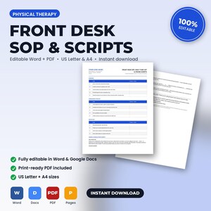 May include: A digital document template titled Physical Therapy Front Desk SOP & Scripts, featuring a daily task list and phone scripts. The layout includes blue headers, checkboxes, and text fields for clinic operations, available in US Letter size.