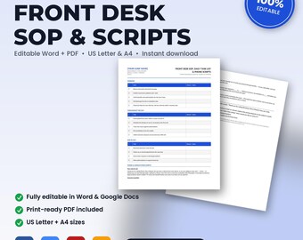 Physical Therapy Front Desk SOP, Daily Task List & Phone Scripts | Editable Word + PDF | US Letter + A4 | Instant Download