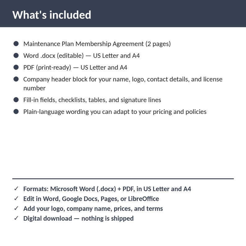 Locksmith Maintenance Plan Membership Agreement | Editable Word + PDF | US Letter + A4 | Instant Download afbeelding 2