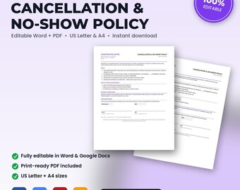 Chiropractic Office Cancellation & No-Show Policy | Editable Word + PDF | US Letter + A4 | Instant Download
