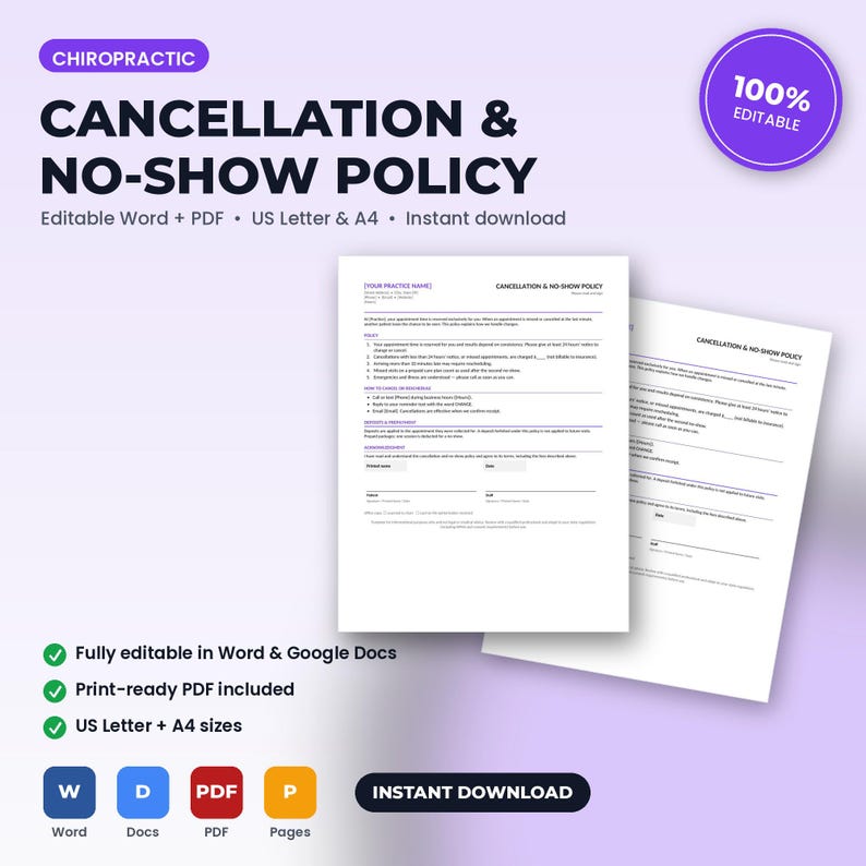 May include: A chiropractic cancellation and no-show policy document template featuring black text on white paper. The form includes sections for policy details, cancellation instructions, and an acknowledgement signature line, available in US Letter size.