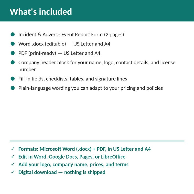 Puede incluir: Una lista de documentos digitales titulada What's included, que presenta un formulario de informe de incidentes y eventos adversos en formatos Word y PDF. Incluye un encabezado, campos para rellenar, listas y tablas en A4 y US Letter.