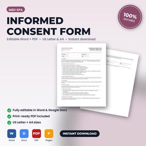 Med Spa Treatment-Specific Informed Consent Form | Editable Word + PDF | US Letter + A4 | Instant Download image 1