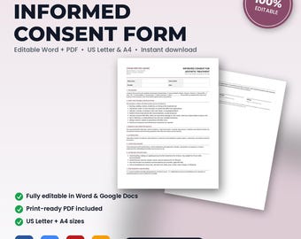 Med Spa Treatment-Specific Informed Consent Form | Editable Word + PDF | US Letter + A4 | Instant Download