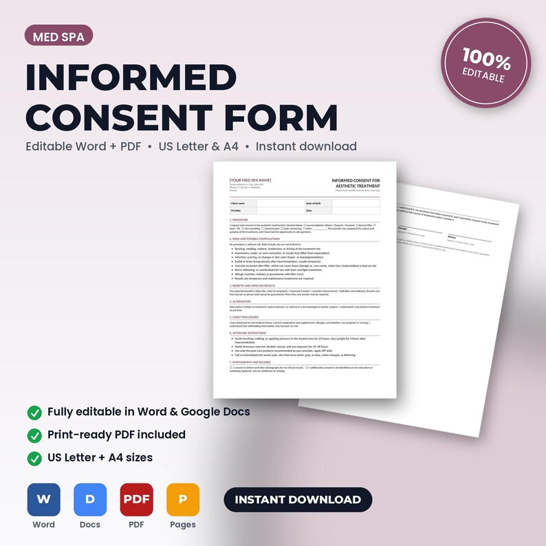 Med Spa Treatment-Specific Informed Consent Form | Editable Word + PDF | US Letter + A4 | Instant Download image 1