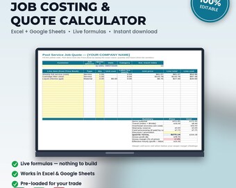 Pool Service Job Costing & Quote Calculator Spreadsheet | Excel + Google Sheets | Instant Download