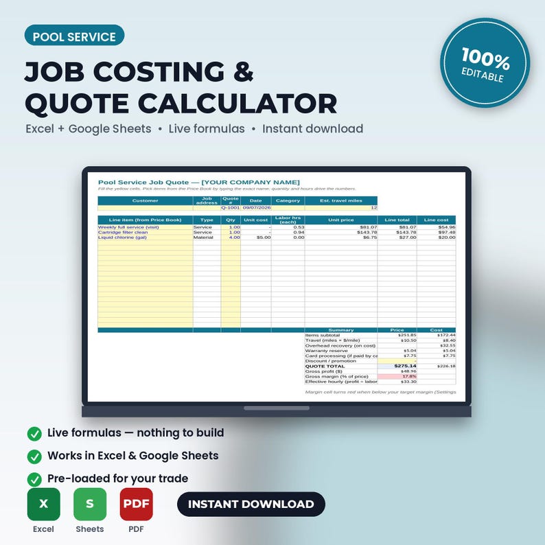 Pool Service Job Costing & Quote Calculator Spreadsheet | Excel + Google Sheets | Instant Download immagine 1