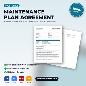 May include: A digital pool service maintenance plan agreement template featuring a white document with black text, including sections for company name, client details, service levels, and terms. The document is available in US Letter and A4 sizes.