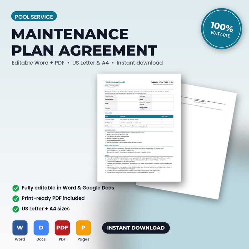 May include: A digital pool service maintenance plan agreement template featuring a white document with black text, including sections for company name, client details, service levels, and terms. The document is available in US Letter and A4 sizes.