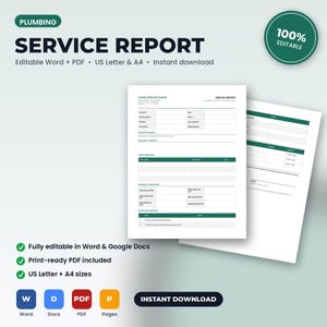 May include: A digital plumbing service report template featuring a white document with dark green headers and lines. The form includes sections for customer details, work performed, readings at departure, and a completion checklist in A4 paper size.