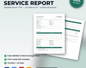Plumbing Job Completion Service Report | Editable Word + PDF | US Letter + A4 | Instant Download
