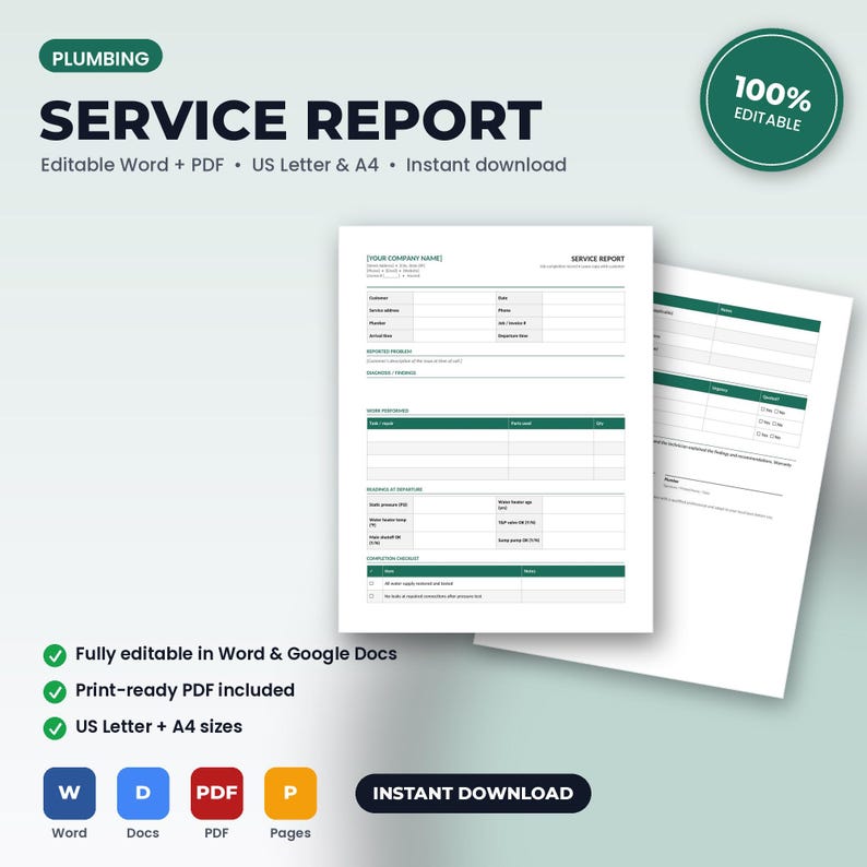 May include: A digital plumbing service report template featuring a white document with dark green headers and lines. The form includes sections for customer details, work performed, readings at departure, and a completion checklist in A4 paper size.