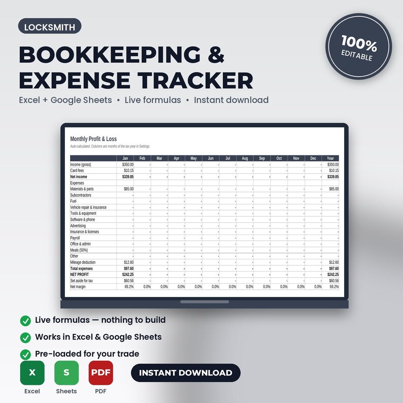 Locksmith Bookkeeping, Expense & Mileage Tracker Spreadsheet | Excel + Google Sheets | Instant Download image 1