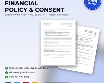 Physical Therapy Financial Policy, Treatment Consent & Photo Release | Editable Word + PDF | US Letter + A4 | Instant Download