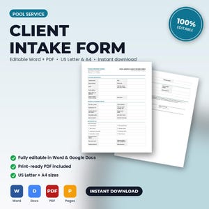 May include: A digital pool service client intake form template featuring sections for customer information, equipment details, and service requests. The document is presented in US Letter and A4 sizes, compatible with Word, PDF, and Google Docs formats.