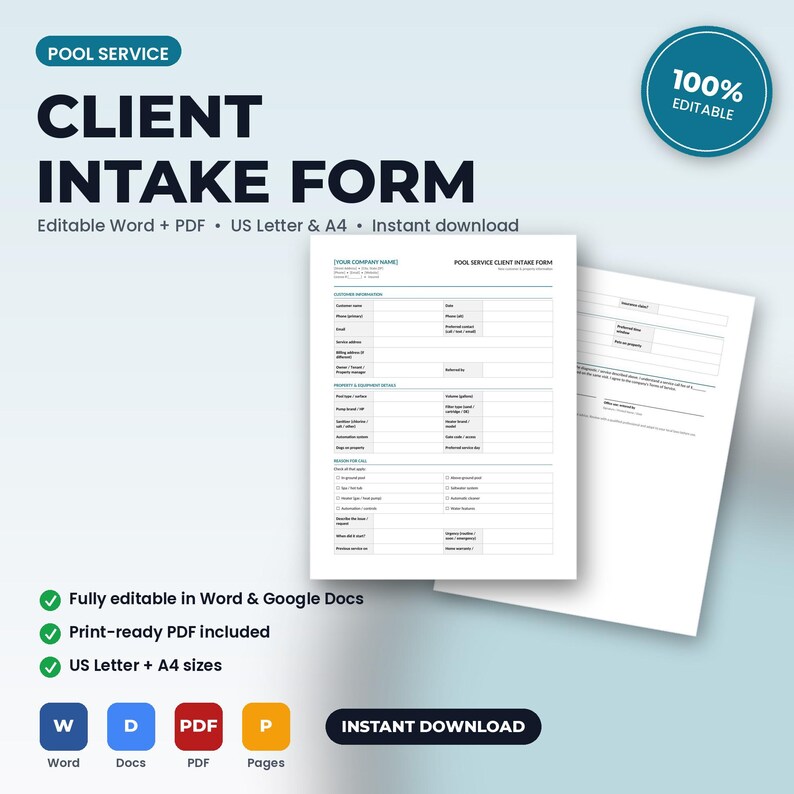 May include: A digital pool service client intake form template featuring sections for customer information, equipment details, and service requests. The document is presented in US Letter and A4 sizes, compatible with Word, PDF, and Google Docs formats.