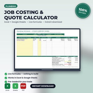 Plumbing Job Costing & Quote Calculator Spreadsheet | Excel + Google Sheets | Instant Download imagen 1