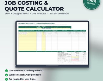 Plumbing Job Costing & Quote Calculator Spreadsheet | Excel + Google Sheets | Instant Download