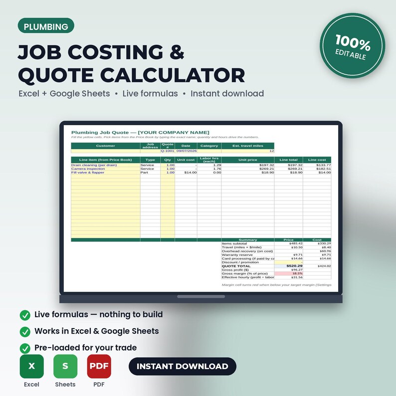 Plumbing Job Costing & Quote Calculator Spreadsheet | Excel + Google Sheets | Instant Download imagen 1