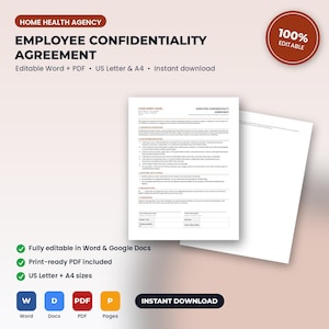 Home Health Agency Employee Confidentiality & HIPAA Agreement | Editable Word + PDF | US Letter + A4 | Instant Download afbeelding 1