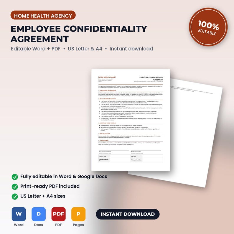 Home Health Agency Employee Confidentiality & HIPAA Agreement | Editable Word + PDF | US Letter + A4 | Instant Download afbeelding 1