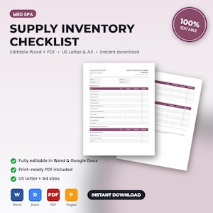 Puede incluir: Una plantilla digital de lista de control de inventario para un spa m&eacute;dico, con un documento blanco de texto oscuro y encabezados granates. El formulario incluye secciones para nombres de art&iacute;culos, niveles de stock y estado de pedidos.