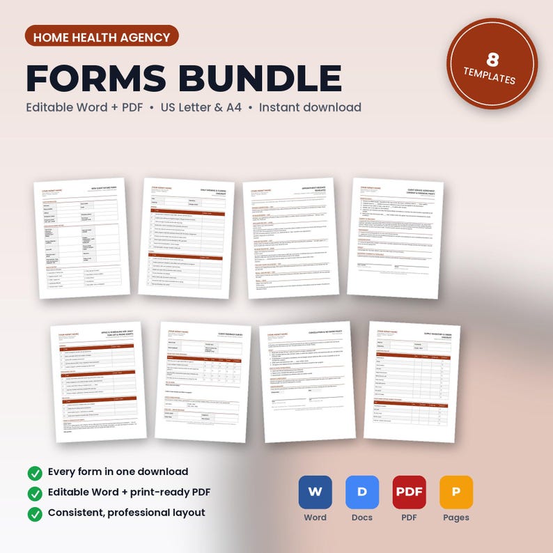 Home Health Agency Forms Bundle | 8 Editable Templates: Intake, Consent, Policies, Checklists, Scripts, SOP | Word + PDF immagine 1
