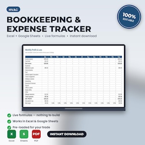 HVAC Bookkeeping, Expense & Mileage Tracker Spreadsheet | Excel + Google Sheets | Instant Download immagine 1