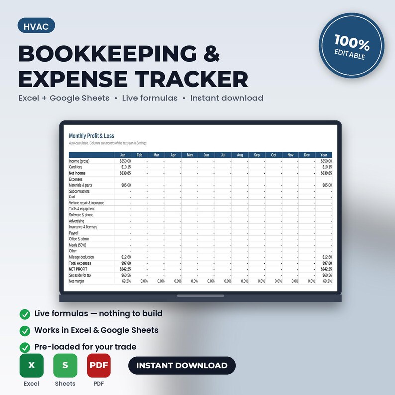 HVAC Bookkeeping, Expense & Mileage Tracker Spreadsheet | Excel + Google Sheets | Instant Download immagine 1