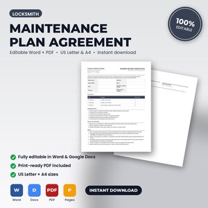 Locksmith Maintenance Plan Membership Agreement | Editable Word + PDF | US Letter + A4 | Instant Download afbeelding 1