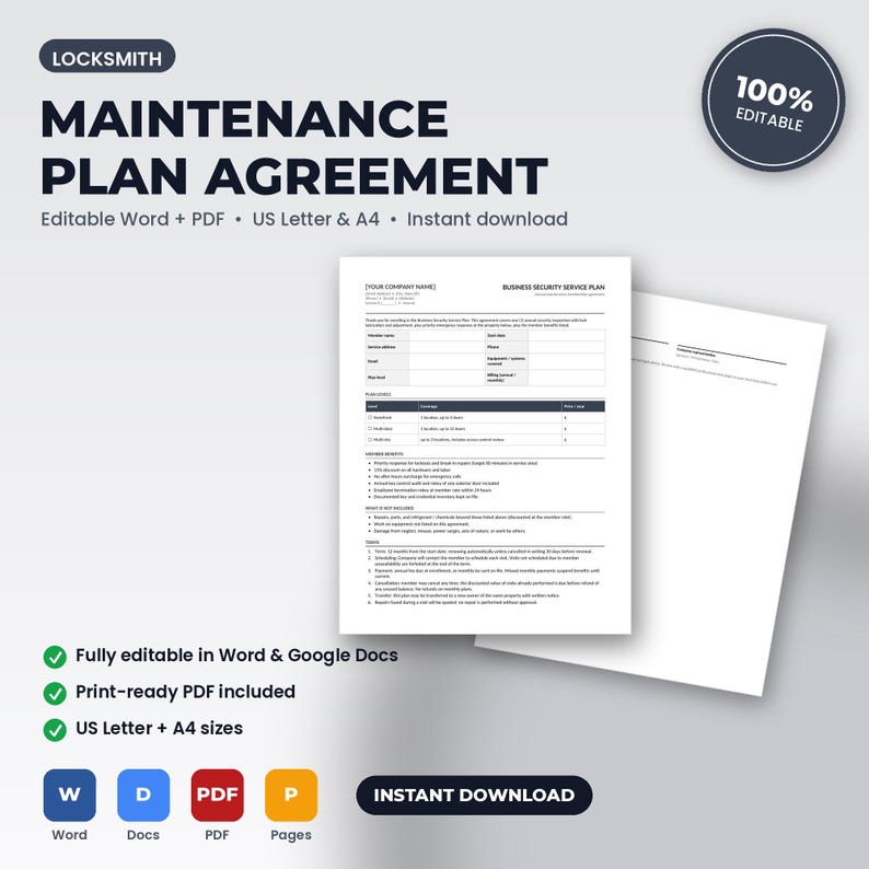 Locksmith Maintenance Plan Membership Agreement | Editable Word + PDF | US Letter + A4 | Instant Download afbeelding 1