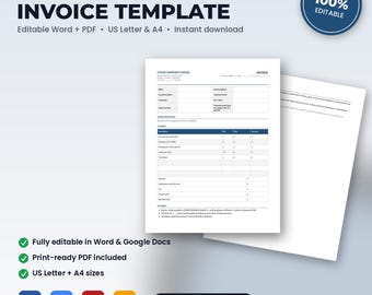 Factuursjabloon voor HVAC | Bewerkbaar Word + PDF | US Letter + A4 | Direct downloaden