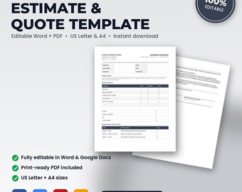 Locksmith Service Estimate & Quote Template | Editable Word + PDF | US Letter + A4 | Instant Download