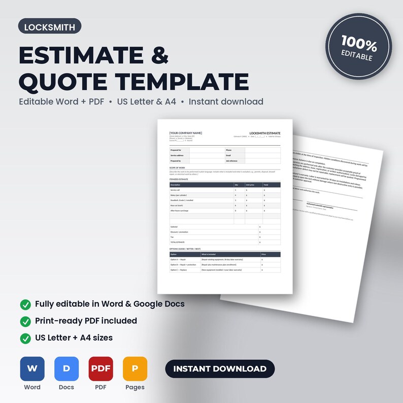 Locksmith Service Estimate & Quote Template | Editable Word + PDF | US Letter + A4 | Instant Download image 1