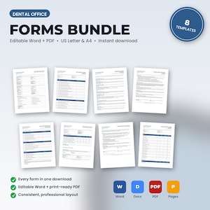 May include: A dental office forms bundle featuring eight editable templates in Word and PDF formats for US Letter and A4 sizes. The digital collection includes various professional documents with a consistent layout, blue accents, and clear text headings.