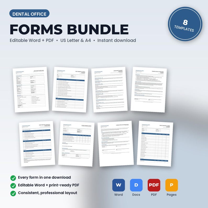 May include: A dental office forms bundle featuring eight editable templates in Word and PDF formats for US Letter and A4 sizes. The digital collection includes various professional documents with a consistent layout, blue accents, and clear text headings.