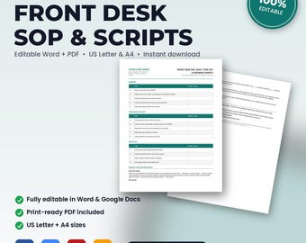 IV Hydration Clinic Front Desk SOP, Daily Task List & Phone Scripts | Editable Word + PDF | Letter + A4 | Instant Download