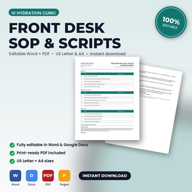 May include: A digital document template titled IV Hydration Clinic Front Desk SOP & Scripts. The document includes daily task lists and booking scripts for front desk staff, available in US Letter and A4 sizes, fully editable in Word and PDF.