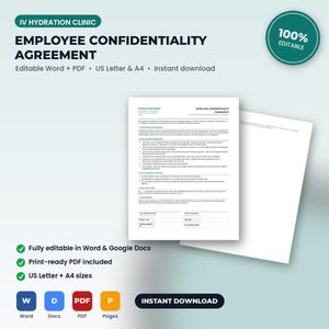 Op de afbeelding: Een sjabloon voor een geheimhoudingsovereenkomst voor werknemers van een IV-hydratatiekliniek. Het witte document bevat zwarte tekst met secties over vertrouwelijke informatie, apparaatgebruik en ruimtes voor handtekeningen.