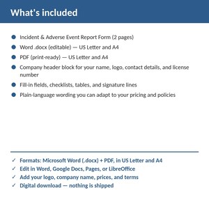 Dental Office Incident & Adverse Event Report Form | Editable Word + PDF | US Letter + A4 | Instant Download afbeelding 2