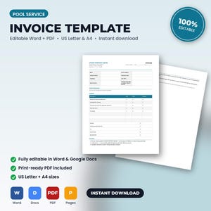 May include: A pool service invoice template document featuring sections for company name, customer details, service description, and payment terms. The layout includes columns for quantity, rate, and amount, with text in black on a white background.