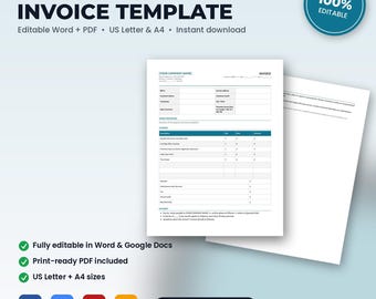 Pool Service Invoice Template | Editable Word + PDF | US Letter + A4 | Instant Download