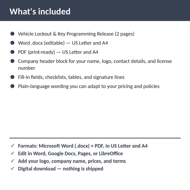 Locksmith Vehicle Lockout & Key Programming Release | Editable Word + PDF | US Letter + A4 | Instant Download zdjęcie 2